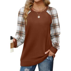 imageSaloogoe Sweatshirts for Women Crewneck Cable Knit Sleeve Sweaters Lightweight Fashion 2025Hplaid Caramel