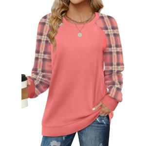 imageSaloogoe Sweatshirts for Women Crewneck Cable Knit Sleeve Sweaters Lightweight Fashion 2025Hplaid Pink