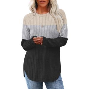 imageSaloogoe Long Sleeve Shirts for Women 2025 Fall Clothes Tunic Tops Loose Fit Dressy Crewneck Pullover Sweaters Curved HemColor Blockapricotgreyblack
