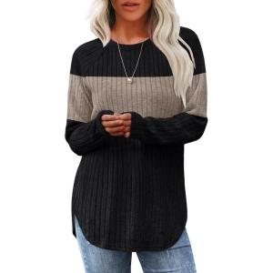 imageSaloogoe Long Sleeve Shirts for Women 2025 Fall Clothes Tunic Tops Loose Fit Dressy Crewneck Pullover Sweaters Curved HemColor Blockblackapricot