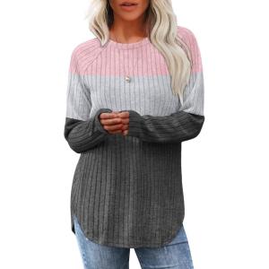 imageSaloogoe Long Sleeve Shirts for Women 2025 Fall Clothes Tunic Tops Loose Fit Dressy Crewneck Pullover Sweaters Curved HemColor Blockgreypink