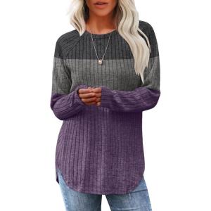 imageSaloogoe Long Sleeve Shirts for Women 2025 Fall Clothes Tunic Tops Loose Fit Dressy Crewneck Pullover Sweaters Curved HemColor Blockgreypurple