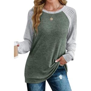 imageSaloogoe Sweatshirt for Women Crewneck Pleated Long Sleeve Shirts Tunic Tops Fashion Winter Clothing 2025Raglan Grey Green
