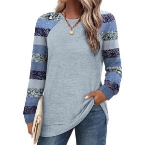 imageSaloogoe Tunic Sweatshirts for Women Crewneck Lightweight Sweaters Raglan Long Sleeve Shirts Fall Fashion Tops 2025Blue Stripes