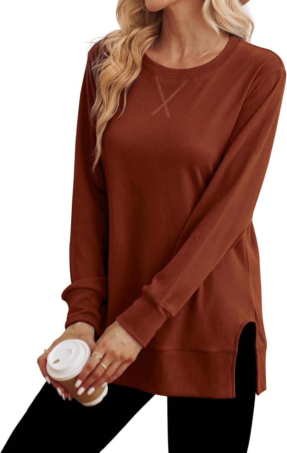 imageSaloogoe Sweatshirt for women Side Split Fall Fashion 2025 Long Sleeve Shirts Trending Now00caramel
