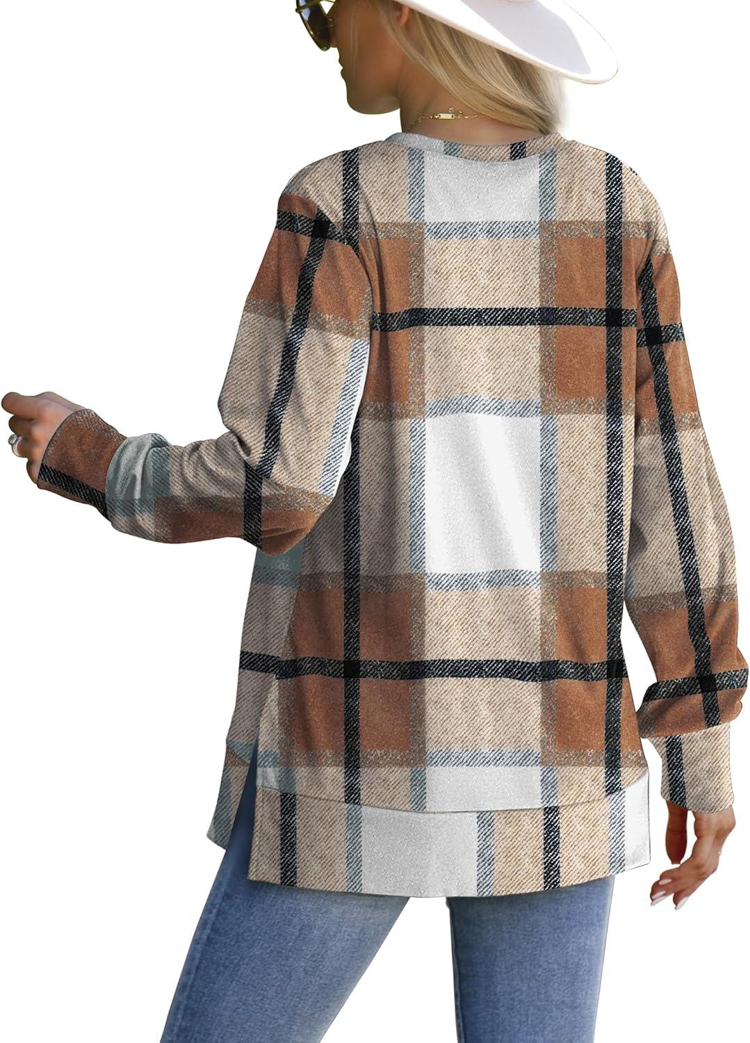 imageSaloogoe Sweatshirt for women Side Split Fall Fashion 2025 Long Sleeve Shirts Trending NowPlaid Caramel