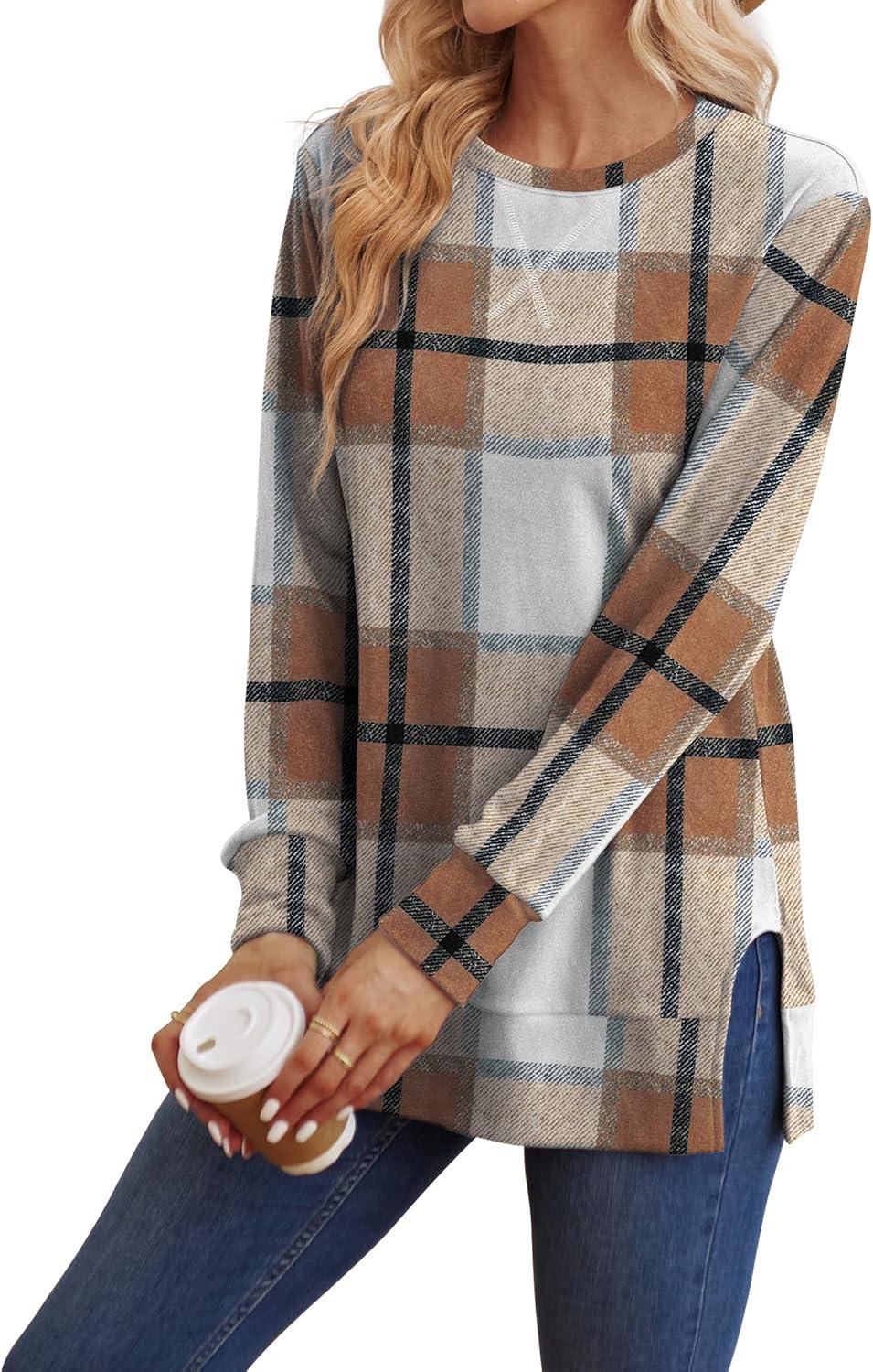 imageSaloogoe Sweatshirt for women Side Split Fall Fashion 2025 Long Sleeve Shirts Trending NowPlaid Caramel