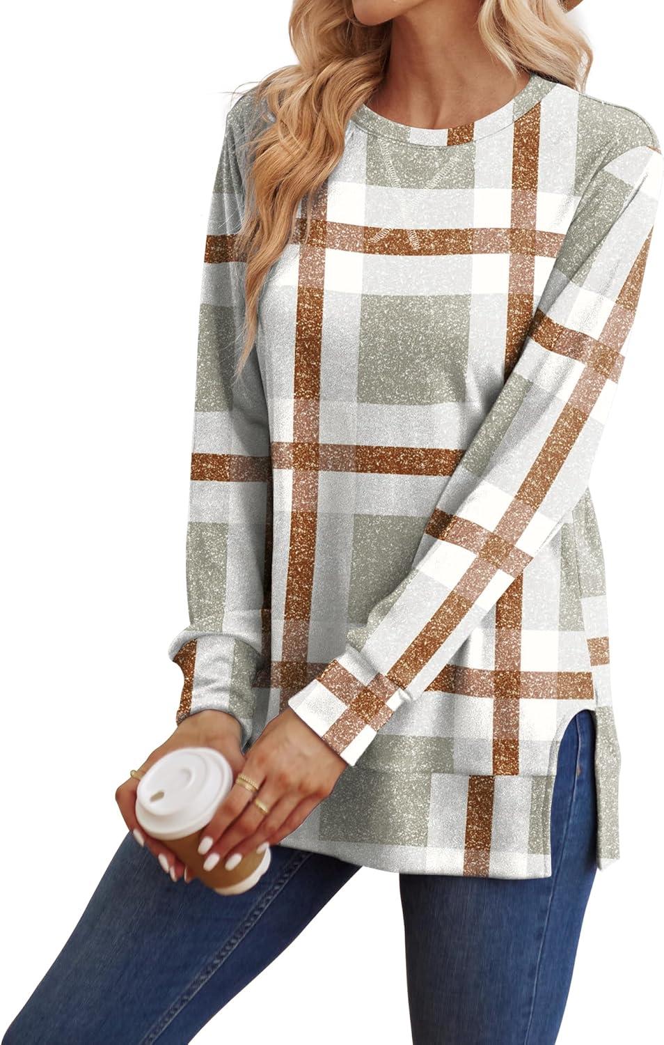 imageSaloogoe Sweatshirt for women Side Split Fall Fashion 2025 Long Sleeve Shirts Trending NowPlaid Khaki