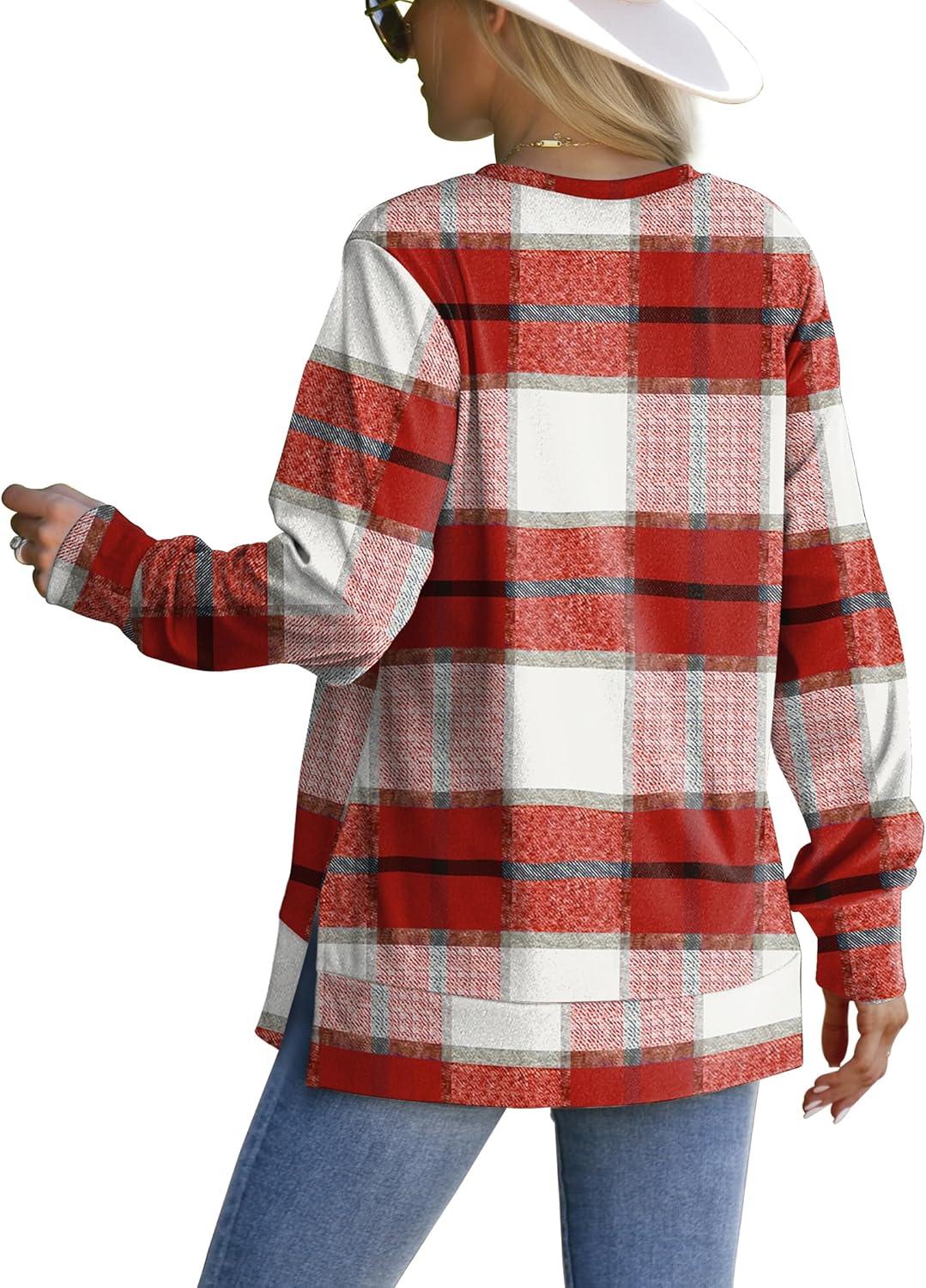 imageSaloogoe Sweatshirt for women Side Split Fall Fashion 2025 Long Sleeve Shirts Trending NowPlaid Pink