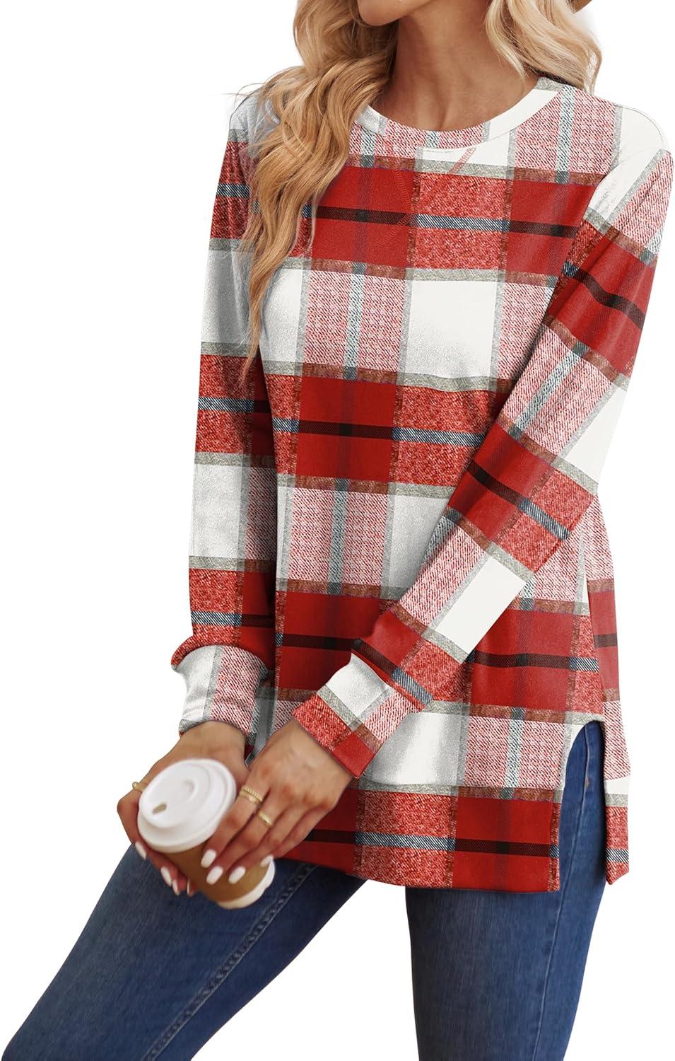 imageSaloogoe Sweatshirt for women Side Split Fall Fashion 2025 Long Sleeve Shirts Trending NowPlaid Pink