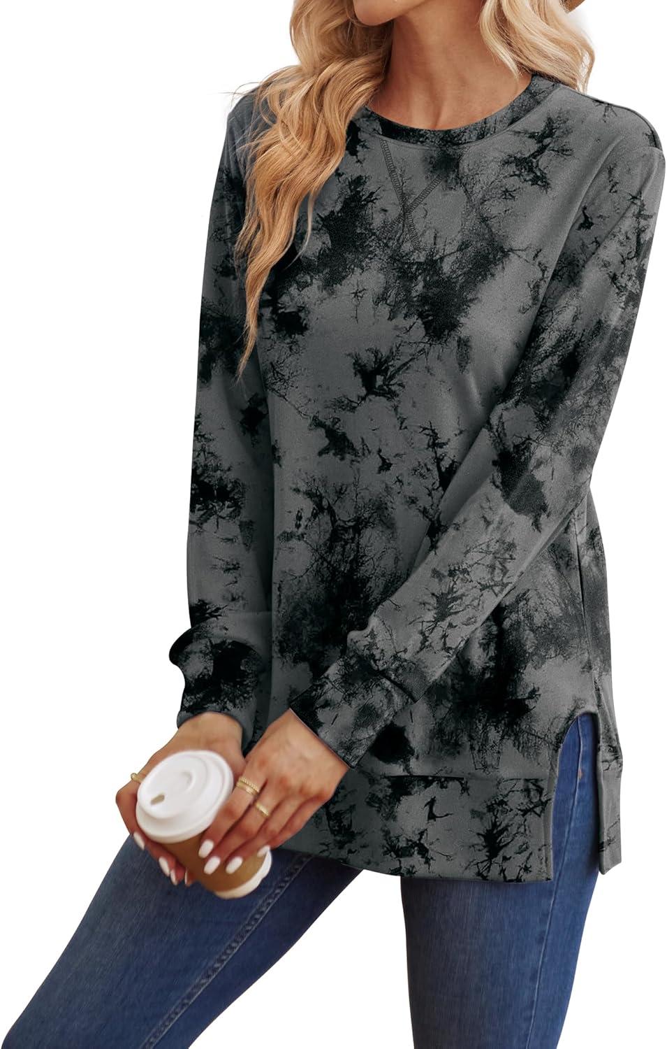 imageSaloogoe Sweatshirt for women Side Split Fall Fashion 2025 Long Sleeve Shirts Trending NowPrint Black