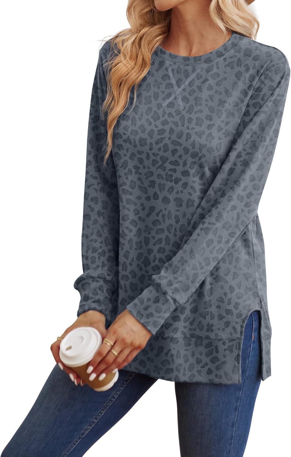 imageSaloogoe Sweatshirt for women Side Split Fall Fashion 2025 Long Sleeve Shirts Trending NowPrint Leopard