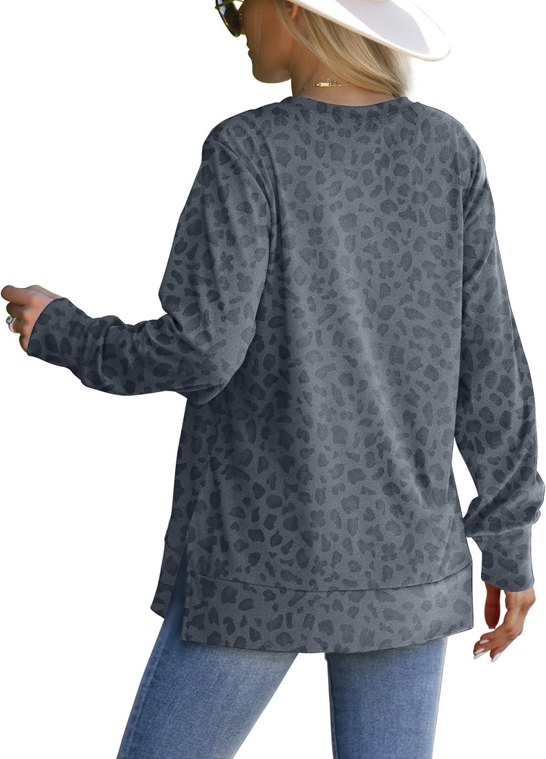 imageSaloogoe Sweatshirt for women Side Split Fall Fashion 2025 Long Sleeve Shirts Trending NowPrint Leopard