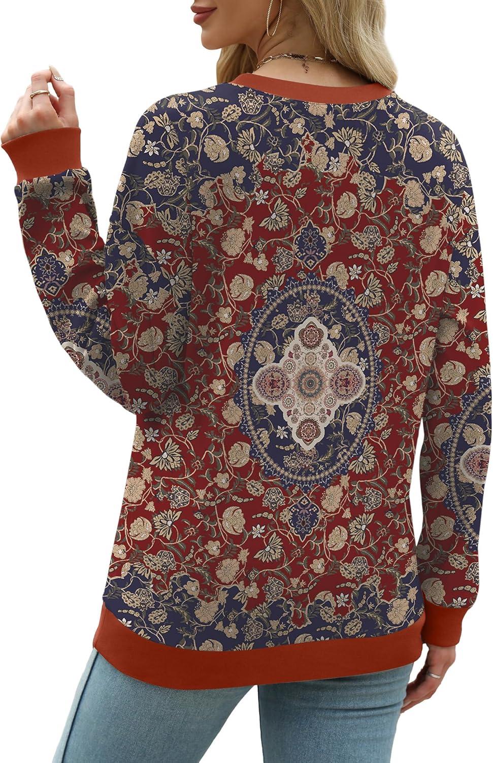 imageSaloogoe Sweatshirts for Women Crewneck Long Sleeve Loose Fit Tops Color Block Ribbed Trim Fashion 2025Gpattern Boho Red