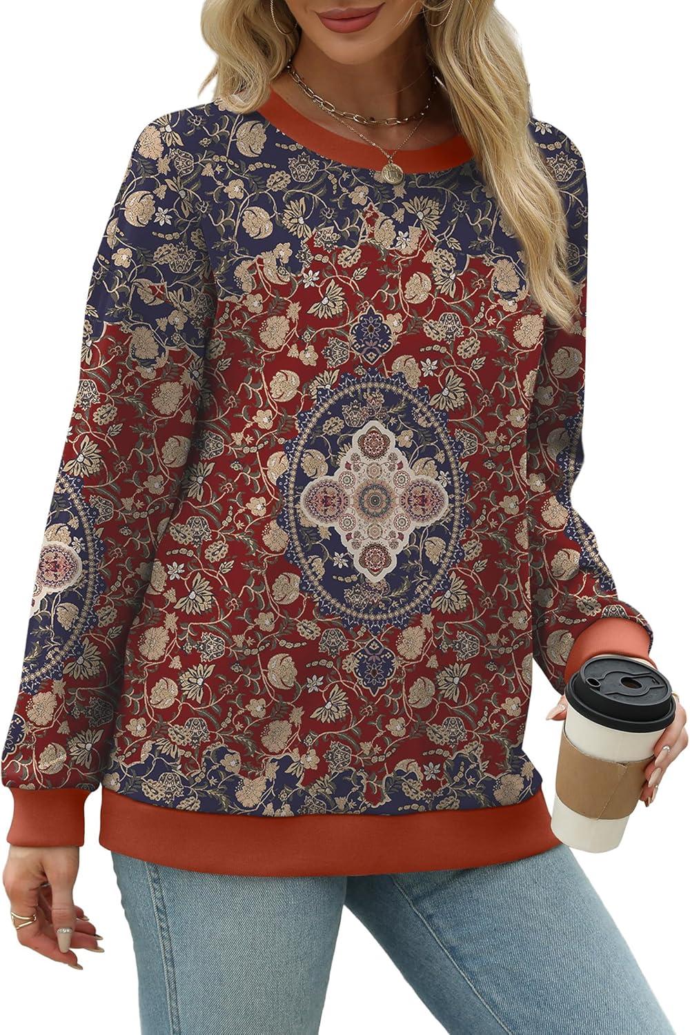 imageSaloogoe Sweatshirts for Women Crewneck Long Sleeve Loose Fit Tops Color Block Ribbed Trim Fashion 2025Gpattern Boho Red