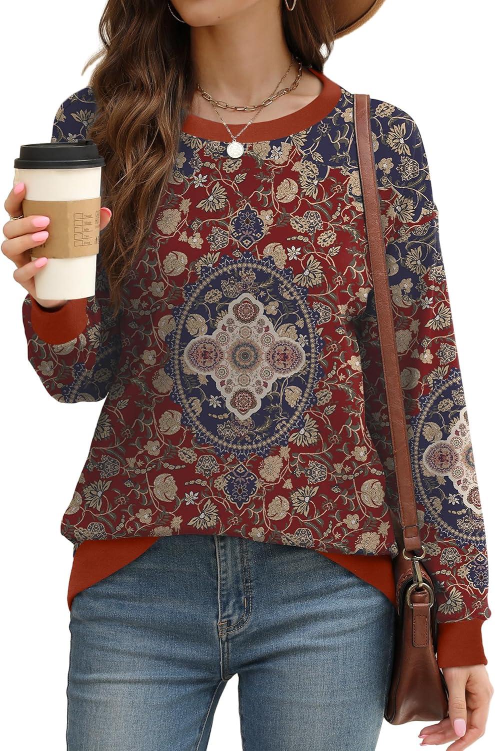 imageSaloogoe Sweatshirts for Women Crewneck Long Sleeve Loose Fit Tops Color Block Ribbed Trim Fashion 2025Gpattern Boho Red