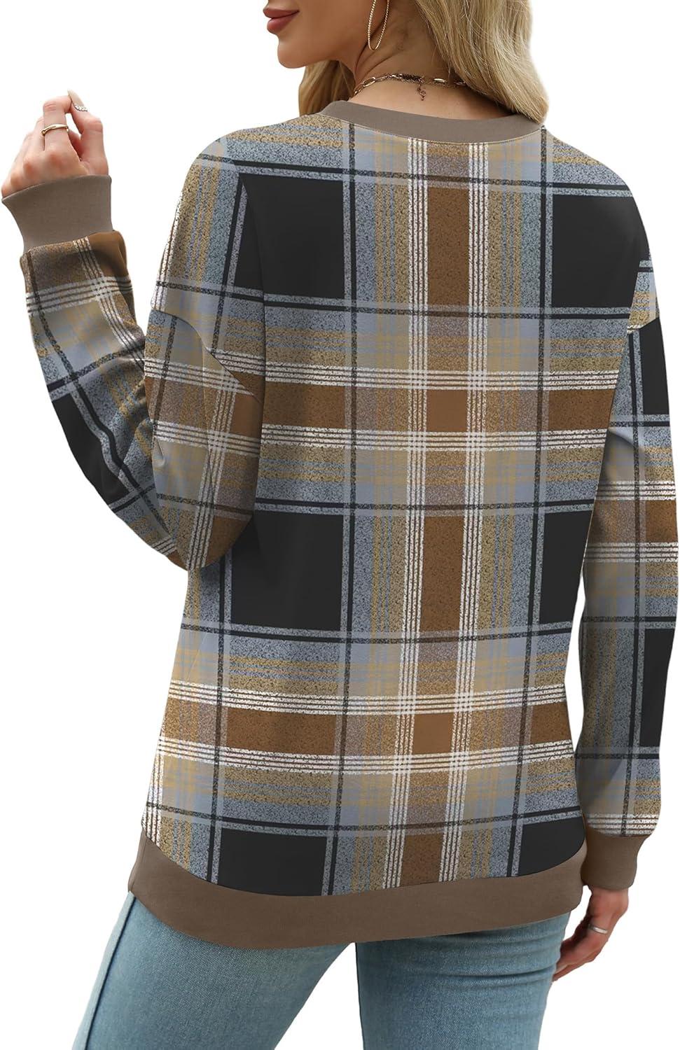 imageSaloogoe Sweatshirts for Women Crewneck Long Sleeve Loose Fit Tops Color Block Ribbed Trim Fashion 2025Gplaid Brown