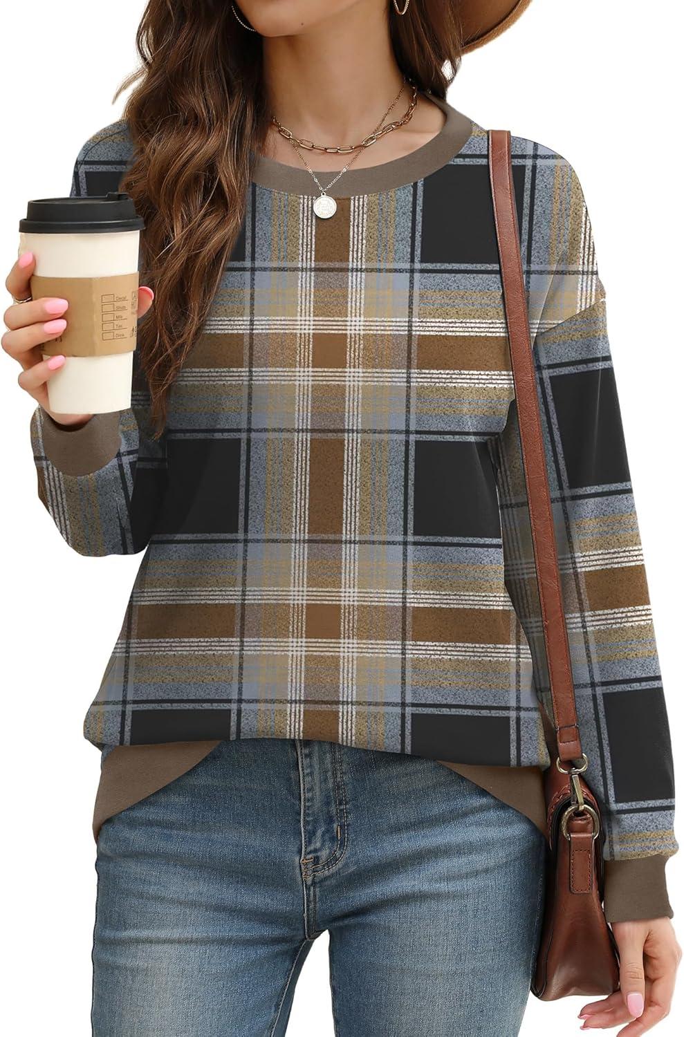 imageSaloogoe Sweatshirts for Women Crewneck Long Sleeve Loose Fit Tops Color Block Ribbed Trim Fashion 2025Gplaid Brown