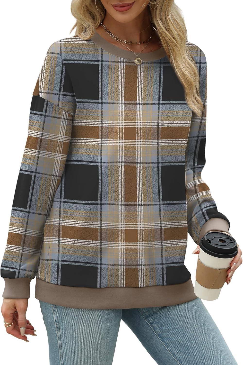 imageSaloogoe Sweatshirts for Women Crewneck Long Sleeve Loose Fit Tops Color Block Ribbed Trim Fashion 2025Gplaid Brown