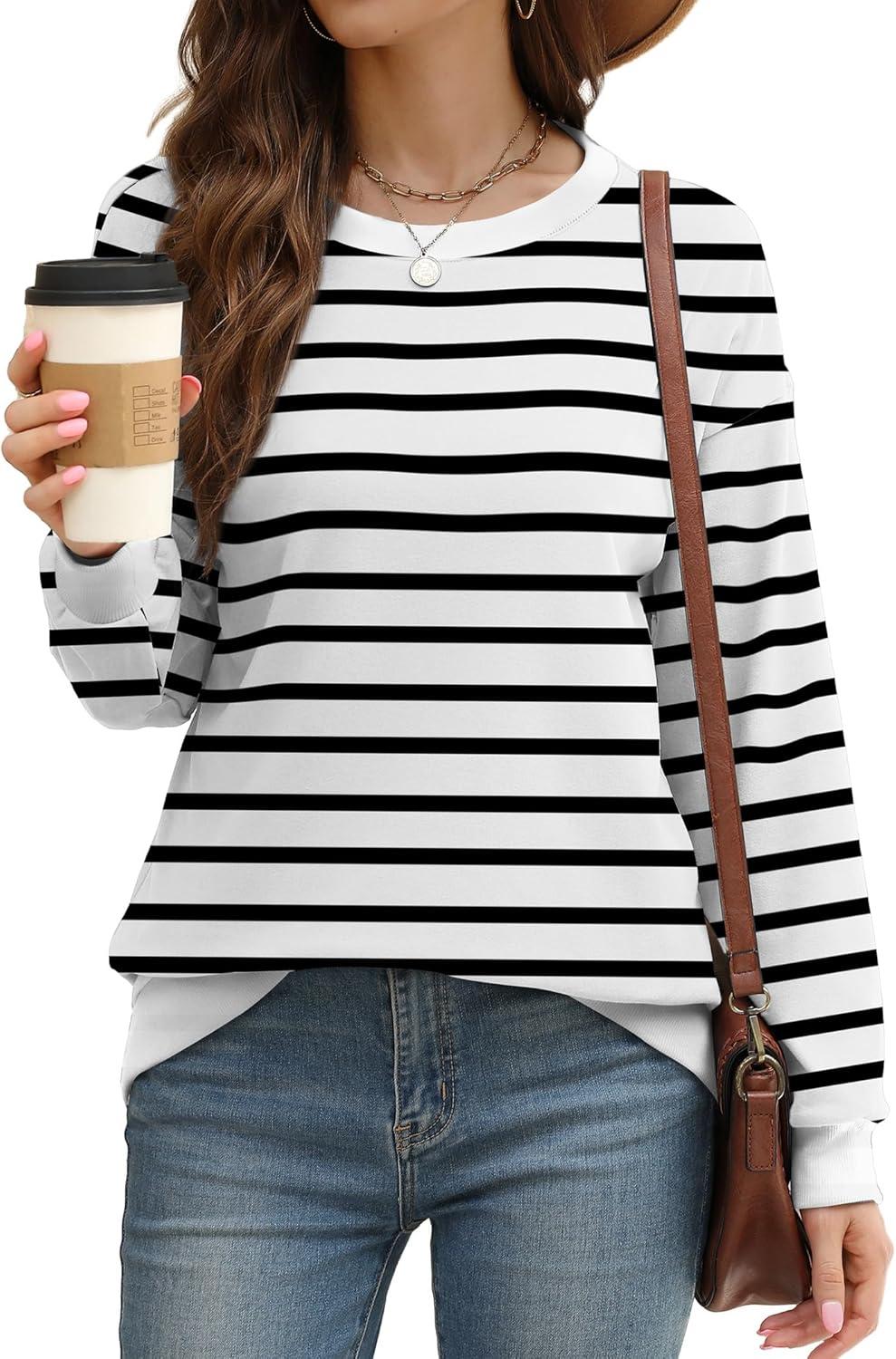 imageSaloogoe Sweatshirts for Women Crewneck Long Sleeve Loose Fit Tops Color Block Ribbed Trim Fashion 2025Gstriped Black White