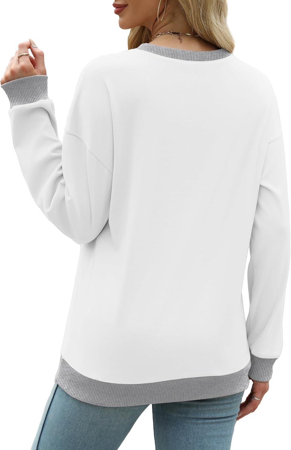 imageSaloogoe Sweatshirts for Women Crewneck Long Sleeve Loose Fit Tops Color Block Ribbed Trim Fashion 2025Gwhite