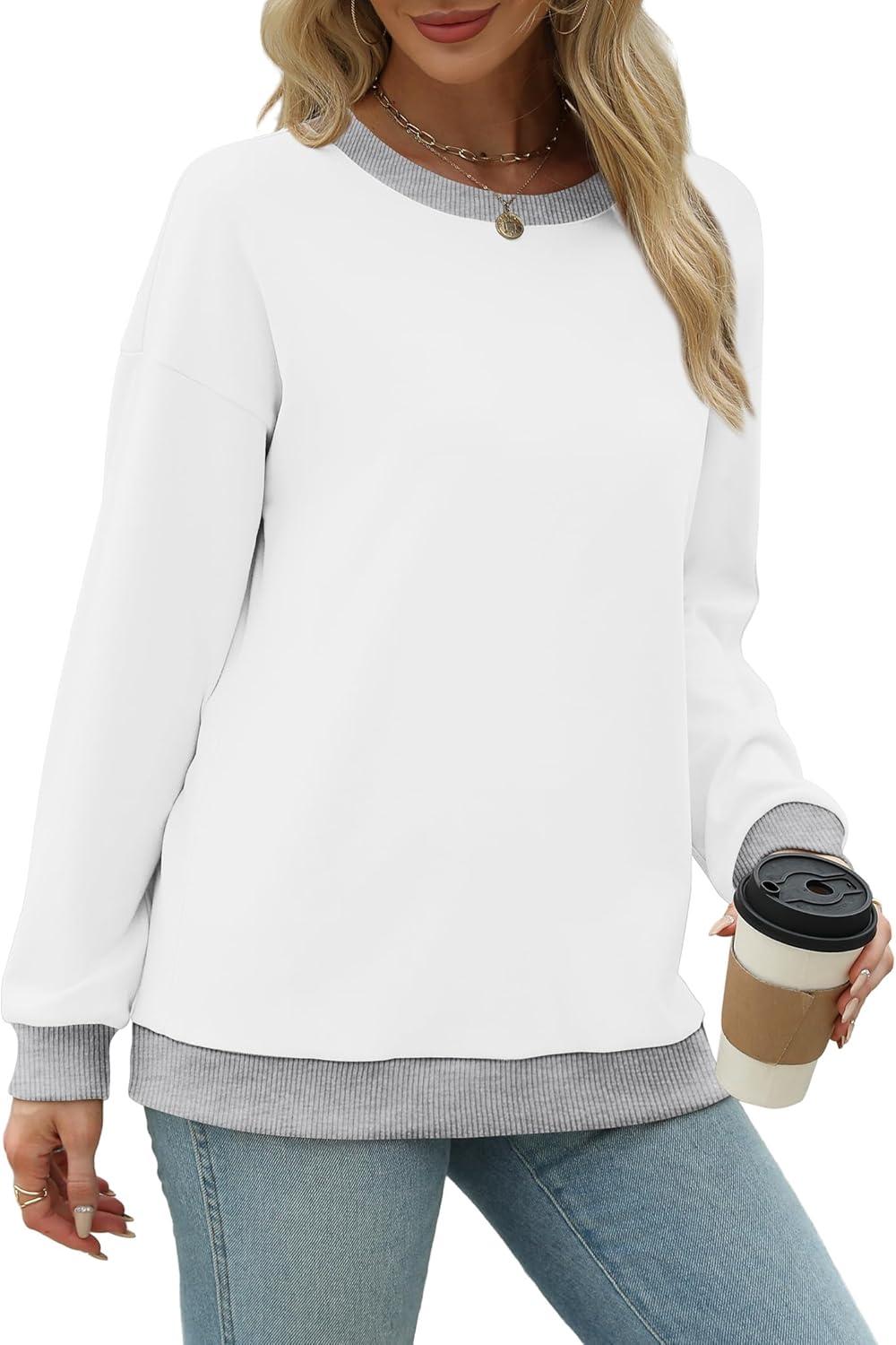 imageSaloogoe Sweatshirts for Women Crewneck Long Sleeve Loose Fit Tops Color Block Ribbed Trim Fashion 2025Gwhite