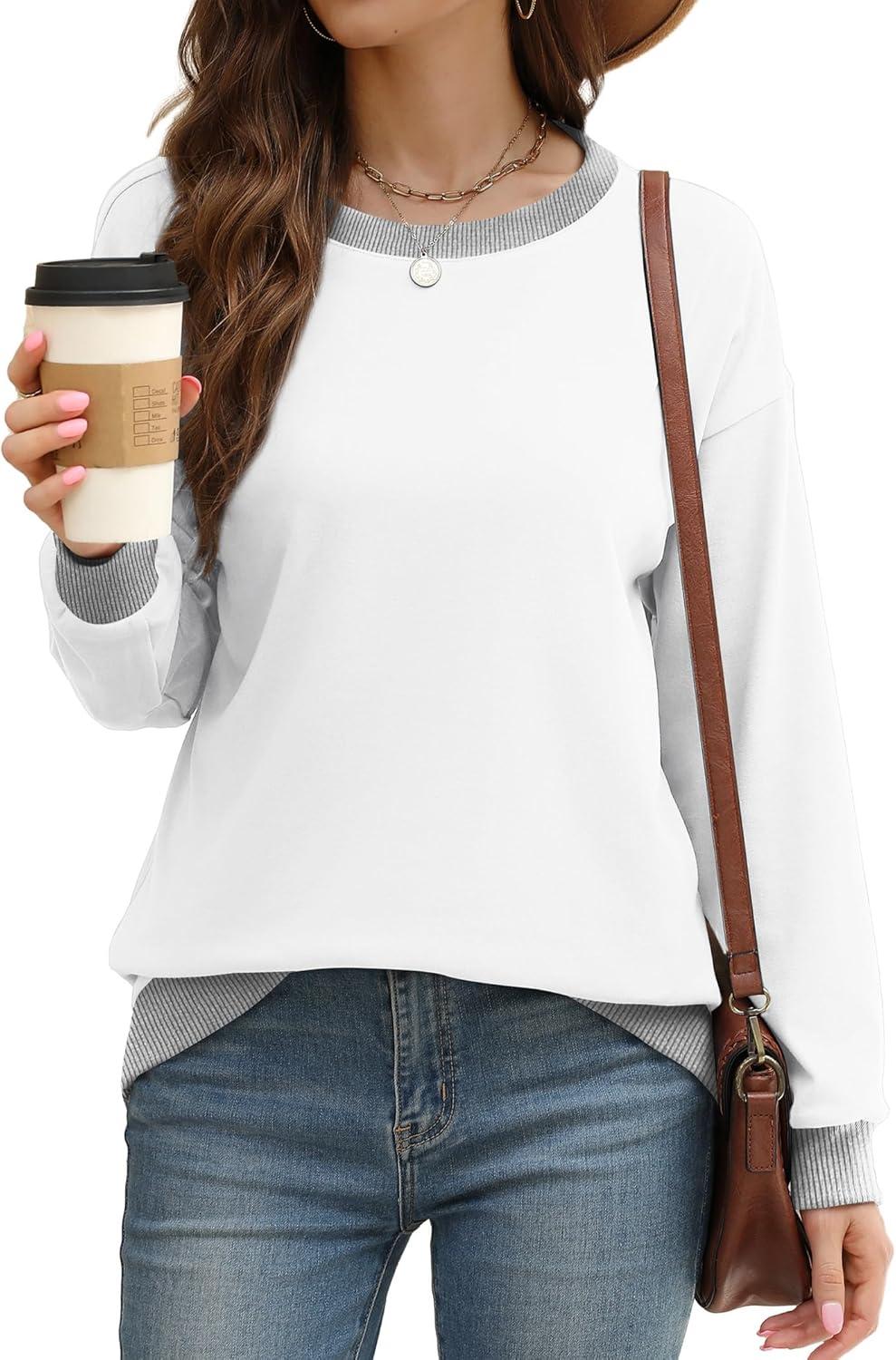 imageSaloogoe Sweatshirts for Women Crewneck Long Sleeve Loose Fit Tops Color Block Ribbed Trim Fashion 2025Gwhite