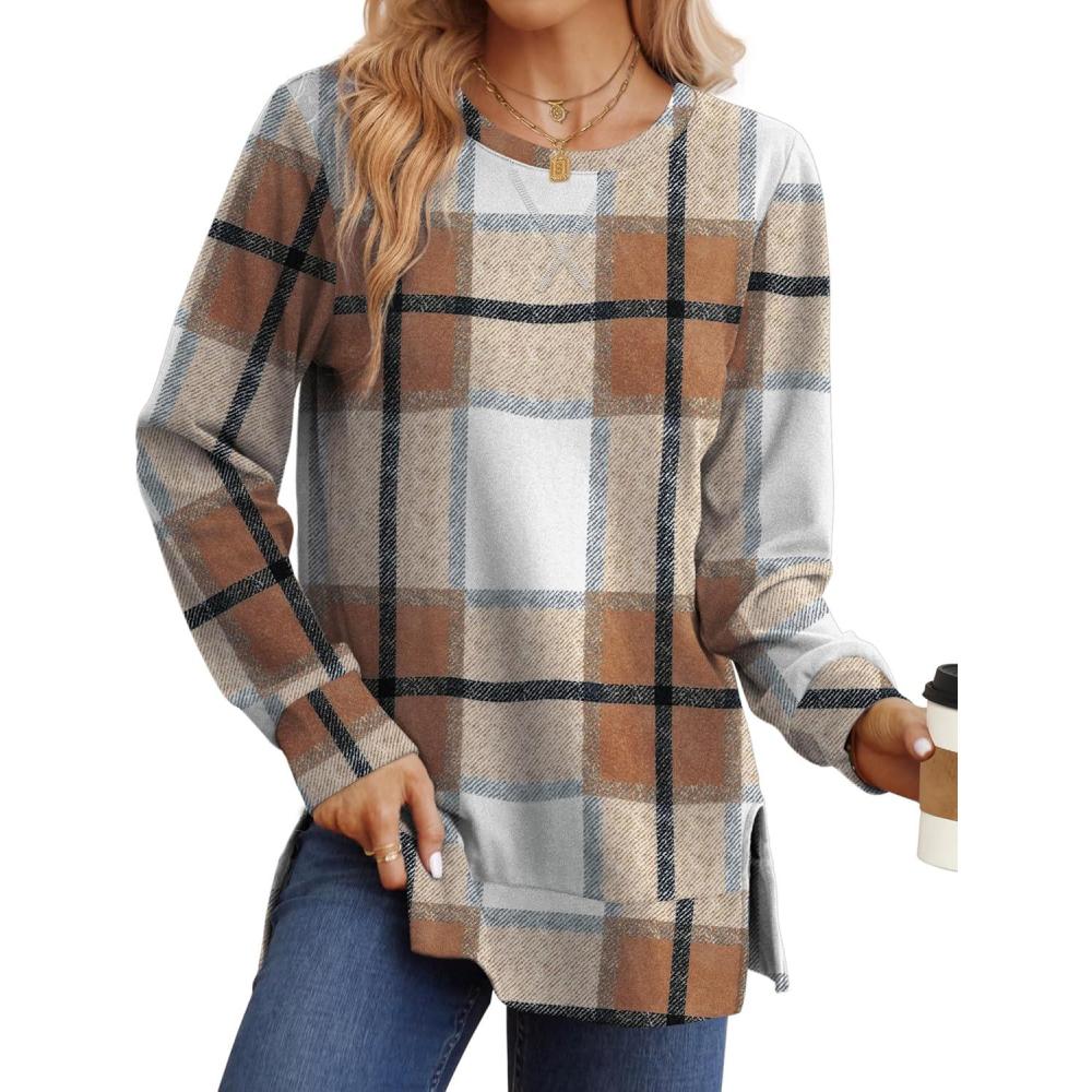 imageSaloogoe Sweatshirt for women Side Split Fall Fashion 2025 Long Sleeve Shirts Trending NowPlaid Caramel