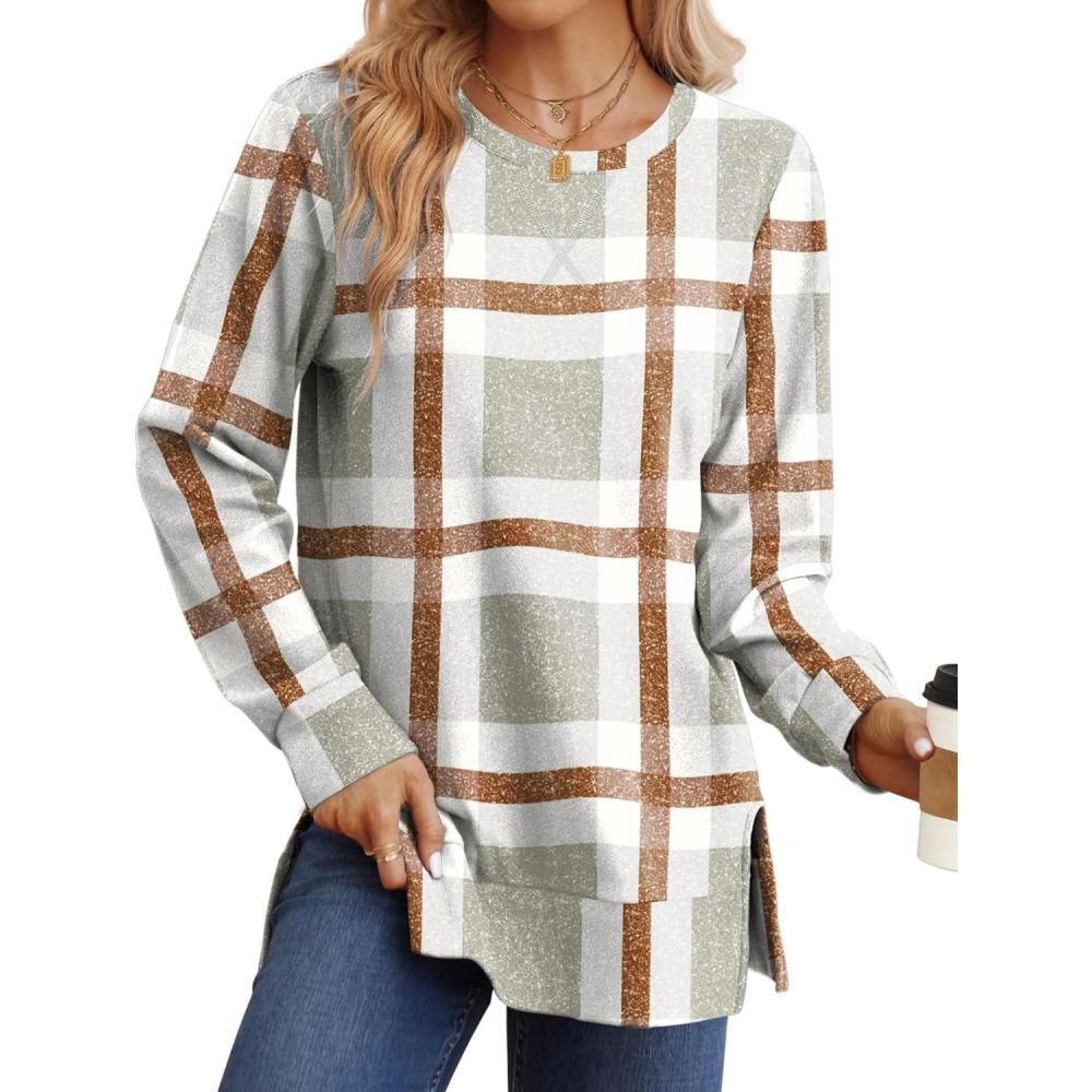 imageSaloogoe Sweatshirt for women Side Split Fall Fashion 2025 Long Sleeve Shirts Trending NowPlaid Khaki
