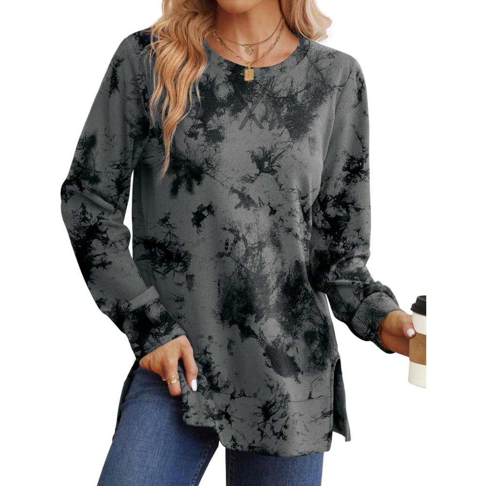 imageSaloogoe Sweatshirt for women Side Split Fall Fashion 2025 Long Sleeve Shirts Trending NowPrint Black