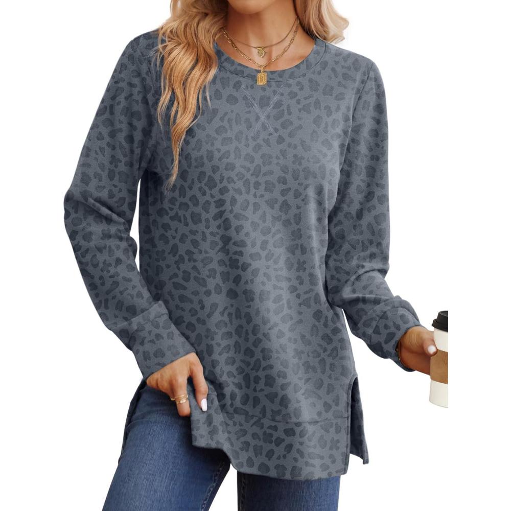 imageSaloogoe Sweatshirt for women Side Split Fall Fashion 2025 Long Sleeve Shirts Trending NowPrint Leopard