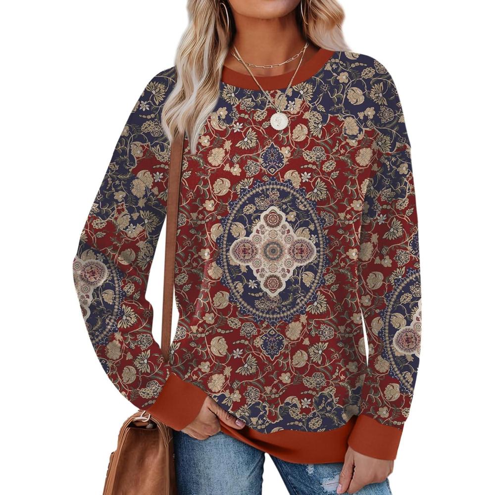imageSaloogoe Sweatshirts for Women Crewneck Long Sleeve Loose Fit Tops Color Block Ribbed Trim Fashion 2025Gpattern Boho Red