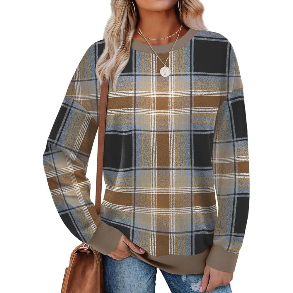 imageSaloogoe Sweatshirts for Women Crewneck Long Sleeve Loose Fit Tops Color Block Ribbed Trim Fashion 2025Gplaid Brown