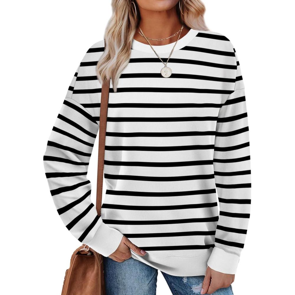imageSaloogoe Sweatshirts for Women Crewneck Long Sleeve Loose Fit Tops Color Block Ribbed Trim Fashion 2025Gstriped Black White