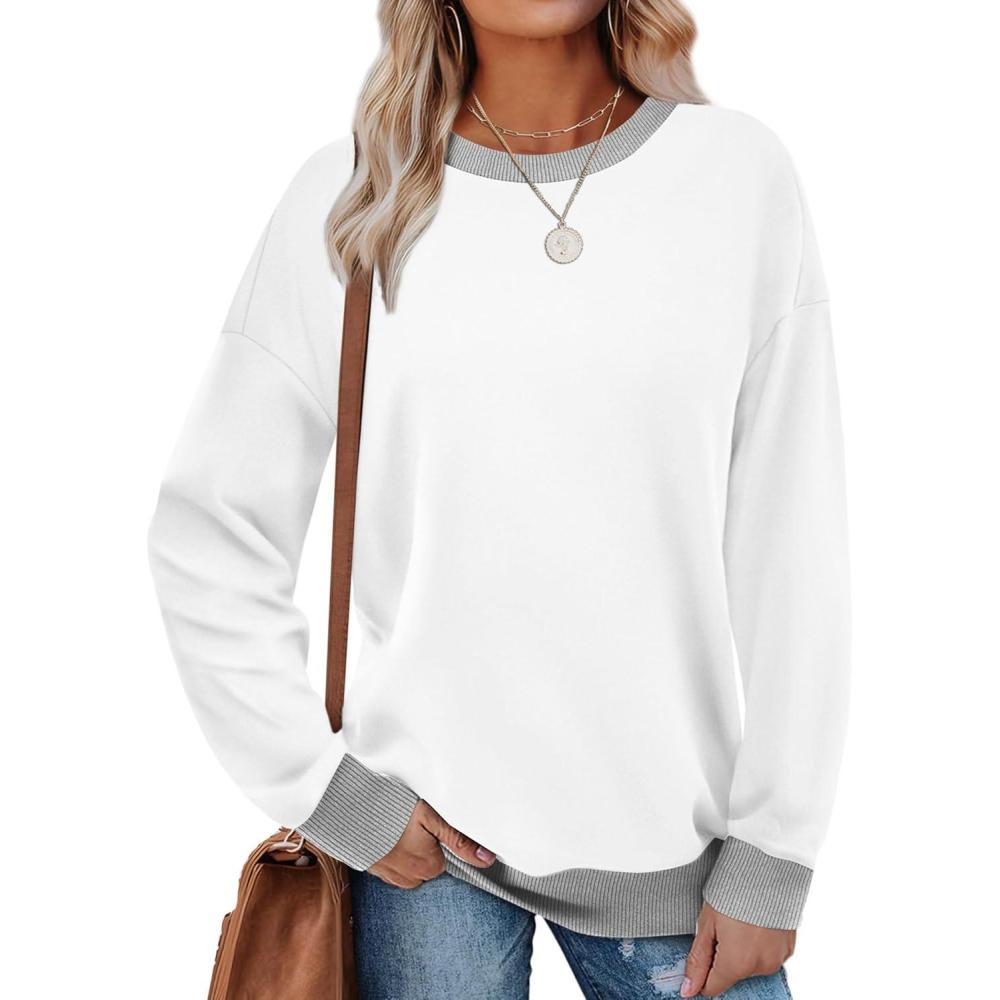 imageSaloogoe Sweatshirts for Women Crewneck Long Sleeve Loose Fit Tops Color Block Ribbed Trim Fashion 2025Gwhite