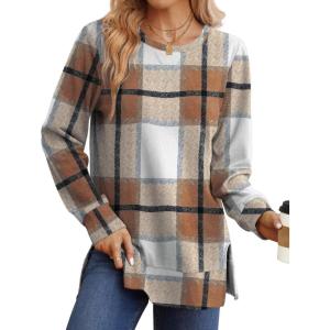 imageSaloogoe Sweatshirt for women Side Split Fall Fashion 2025 Long Sleeve Shirts Trending NowPlaid Caramel