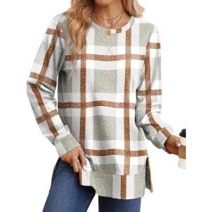 imageSaloogoe Sweatshirt for women Side Split Fall Fashion 2025 Long Sleeve Shirts Trending NowPlaid Khaki