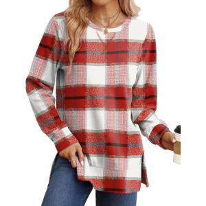 imageSaloogoe Sweatshirt for women Side Split Fall Fashion 2025 Long Sleeve Shirts Trending NowPlaid Pink