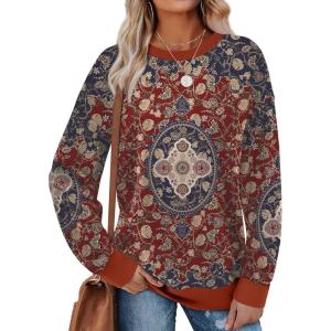 imageSaloogoe Sweatshirts for Women Crewneck Long Sleeve Loose Fit Tops Color Block Ribbed Trim Fashion 2025Gpattern Boho Red