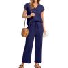 imageSaloogoe Two Piece Sets for Women Summer Outfits Lounge Sets V Neck Tops Wide Leg Pants Woman Vacation Travel OutfitsNavy Blue