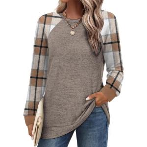 image:imageSaloogoe Tunic Sweatshirts for Women Crewneck Lightweight Sweaters Raglan Long Sleeve Shirts Fall Fashion Tops 2025Khaki Plaid