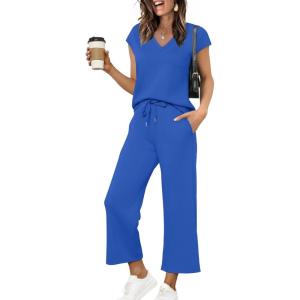 image:imageSaloogoe Two Piece Sets for Women Summer Outfits Lounge Sets V Neck Tops Wide Leg Pants Woman Vacation Travel OutfitsLblue