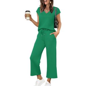 image:imageSaloogoe Two Piece Sets for Women Summer Outfits Lounge Sets V Neck Tops Wide Leg Pants Woman Vacation Travel OutfitsLgreen