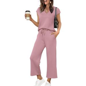 image:imageSaloogoe Two Piece Sets for Women Summer Outfits Lounge Sets V Neck Tops Wide Leg Pants Woman Vacation Travel OutfitsLpink