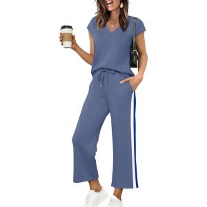 image:imageSaloogoe Two Piece Sets for Women Summer Outfits Lounge Sets V Neck Tops Wide Leg Pants Woman Vacation Travel OutfitsNblue